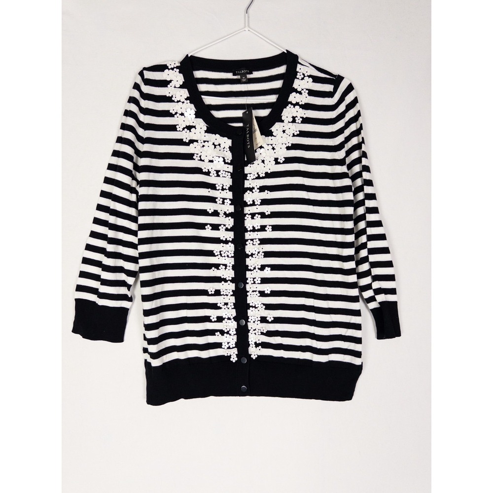 NWT Talbots Cardigan Womens M White Black Flowers Button Up Grandma Fairy